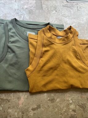 Athleta Ribbed Tank Duo in Sage Green and Mustard 2 pieces.
